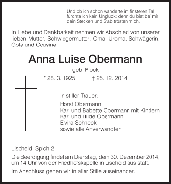 Traueranzeige von Anna Luise Obermann von HNA
