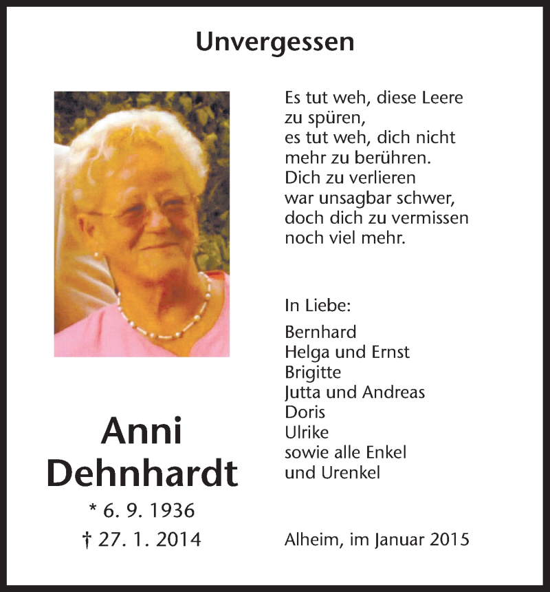  Traueranzeige für Anni Dehnhardt vom 27.01.2015 aus HNA