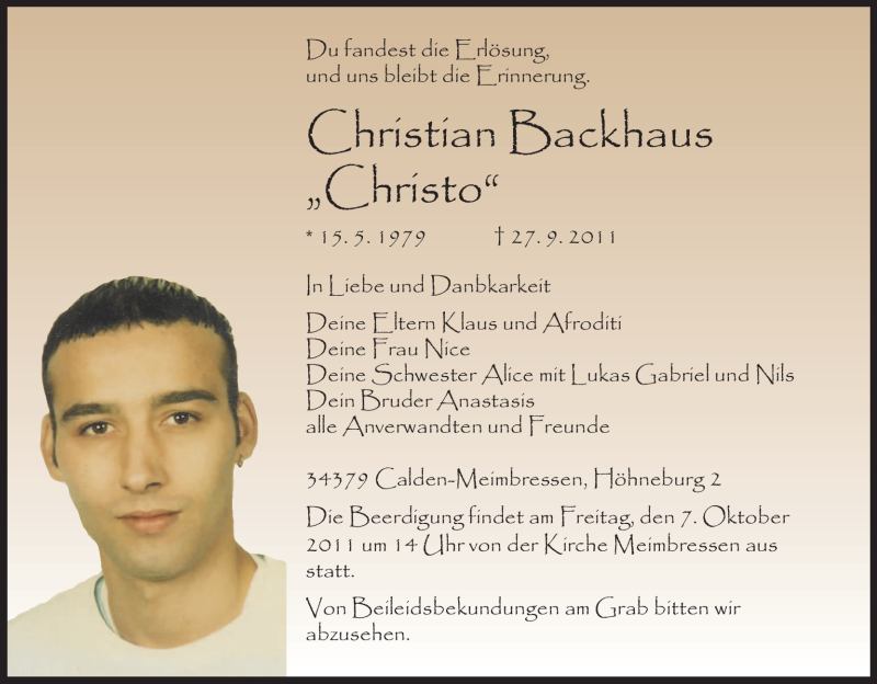  Traueranzeige für Christian Backhaus vom 05.10.2011 aus HNA