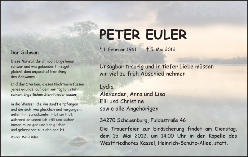  Traueranzeige für Peter Euler vom 12.05.2012 aus HNA