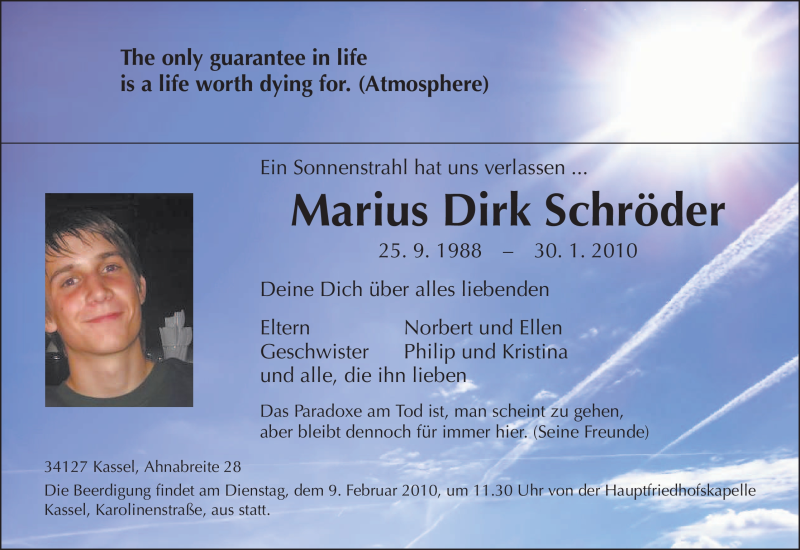  Traueranzeige für Marius Dirk Schröder vom 04.02.2010 aus HNA