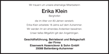 Traueranzeige von Erika Klein von HNA