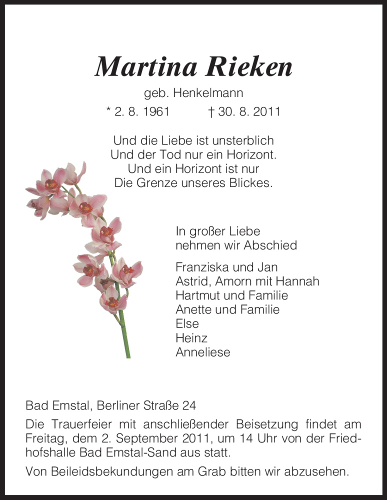  Traueranzeige für Martina Rieken vom 01.09.2011 aus HNA