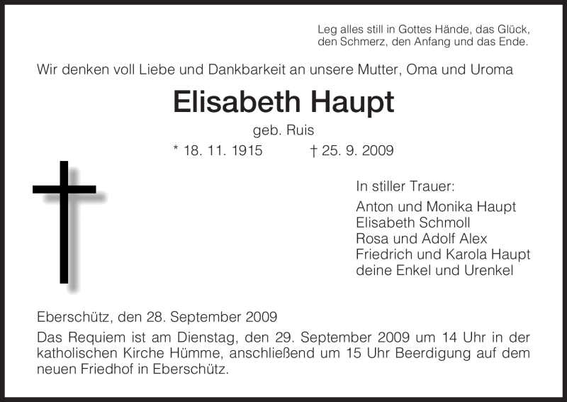  Traueranzeige für Elisabeth Haupt vom 28.09.2009 aus HNA