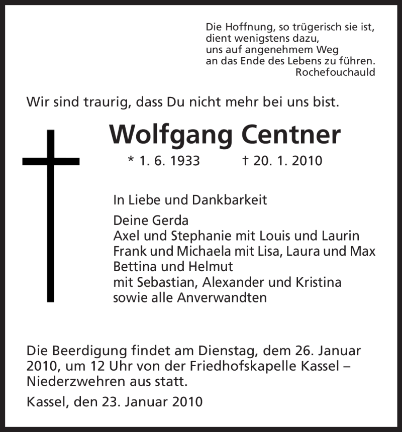  Traueranzeige für Wolfgang Centner vom 23.01.2010 aus HNA