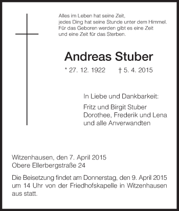 Traueranzeige von Andreas Stuber von HNA
