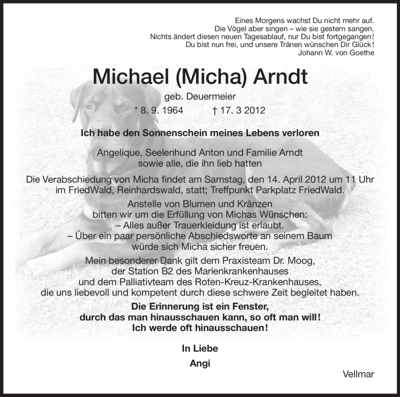  Traueranzeige für Michael Arndt vom 07.04.2012 aus HNA
