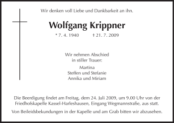 Traueranzeige von Wolfgang Krippner von HNA