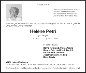 Traueranzeige von Helene Petri von HNA