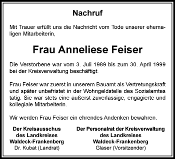 Traueranzeige von Anneliese Feiser von HNA