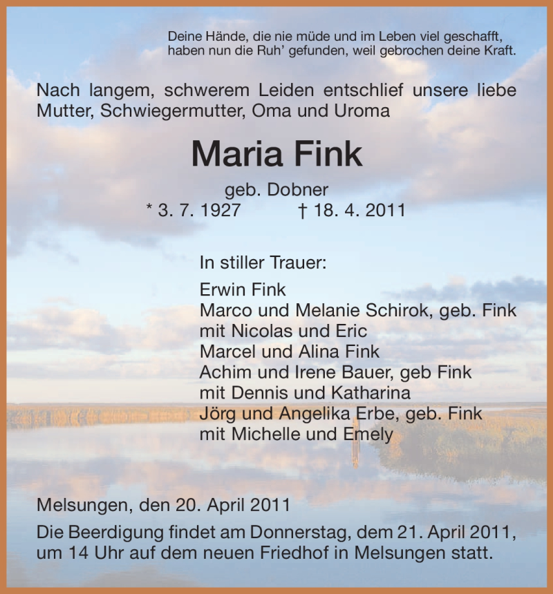 Traueranzeigen Von Maria Fink | Trauer.HNA.de