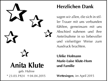 Traueranzeige von Anita Klute von HNA