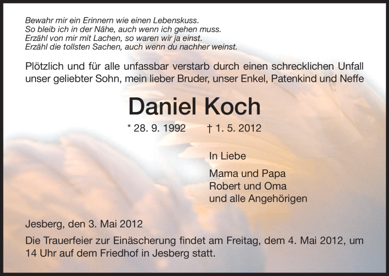  Traueranzeige für Daniel Koch vom 03.05.2012 aus HNA