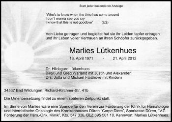 Traueranzeige von Marlies Lütkenhues von HNA