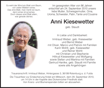 Traueranzeige von Anni Kiesewetter von HNA