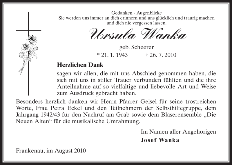  Traueranzeige für Ursula Wanka vom 28.08.2010 aus HNA