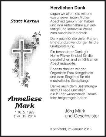 Traueranzeige von Anneliese Mark von HNA