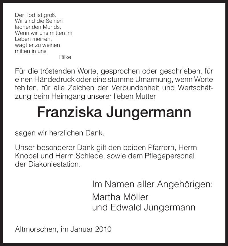 Traueranzeige für Franziska Jungermann vom 23.01.2010 aus HNA