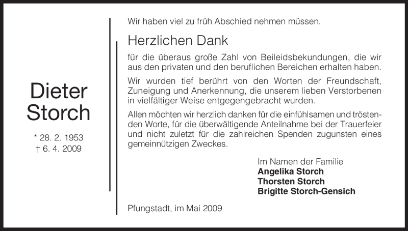  Traueranzeige für Dieter Storch vom 09.05.2009 aus HNA