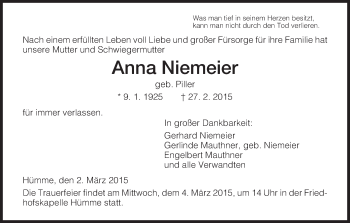Traueranzeige von Anna Niemeier von HNA