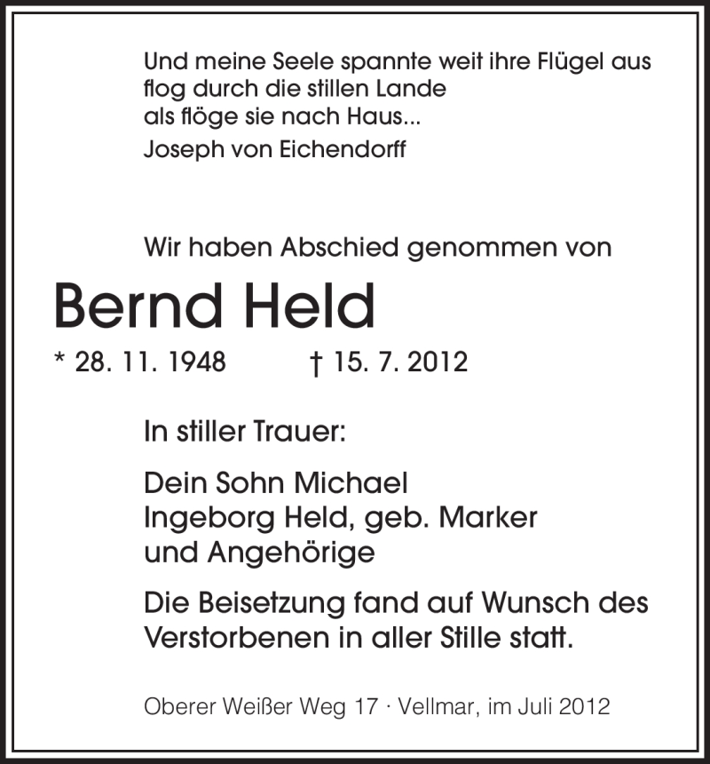  Traueranzeige für Bernd Held vom 03.08.2012 aus HNA