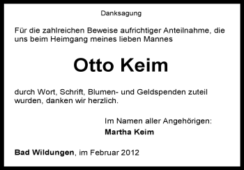 Traueranzeige von Otto Keim von HNA