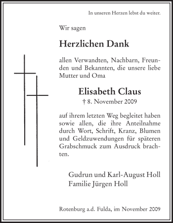 Traueranzeige von Elisabeth Claus von HNA