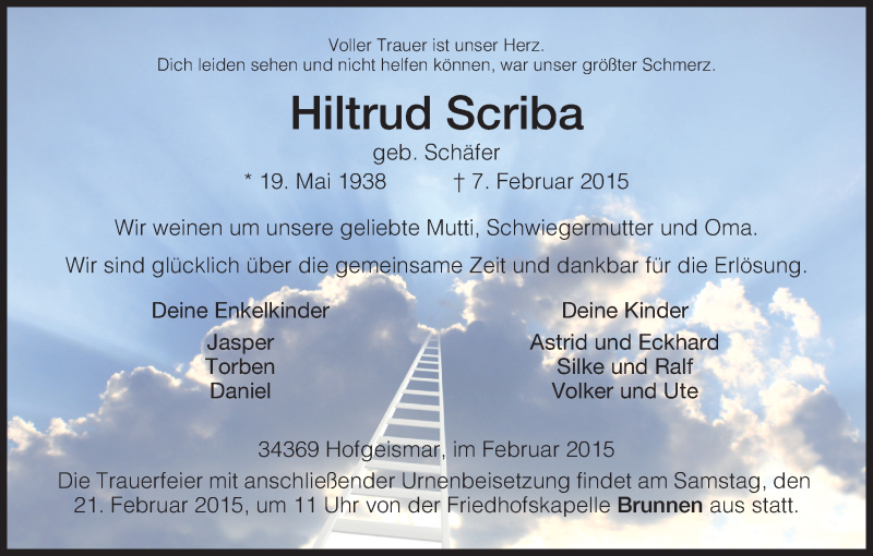  Traueranzeige für Hiltrud Scriba vom 18.02.2015 aus HNA