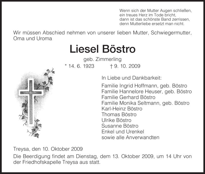  Traueranzeige für Liesel Böstro vom 10.10.2009 aus HNA