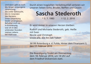 Traueranzeige von Sascha Stederoth von HNA