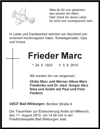 Traueranzeige von Frieder Marc von HNA