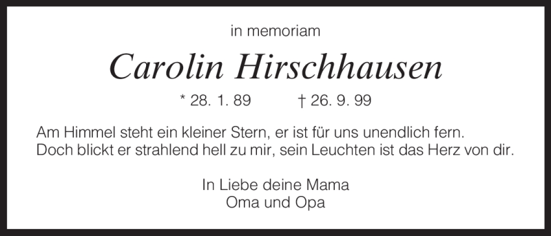  Traueranzeige für Carolin Hirschhausen vom 26.09.2009 aus HNA