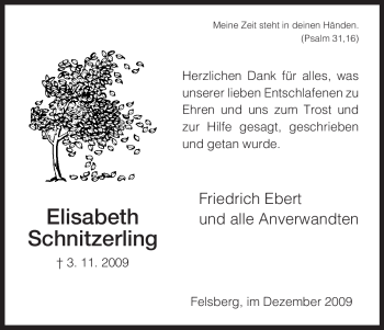 Traueranzeige von Elisabeth Schnitzerling von HNA