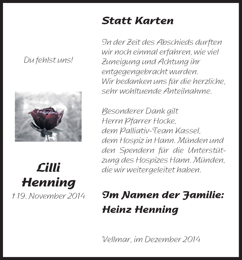  Traueranzeige für Lilli Henning vom 20.12.2014 aus HNA