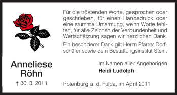 Traueranzeige von Anneliese Röhn von HNA