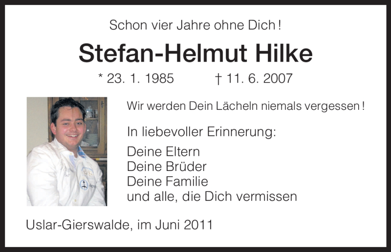 Traueranzeige für Stefan-Helmut Hilke vom 11.06.2011 aus HNA