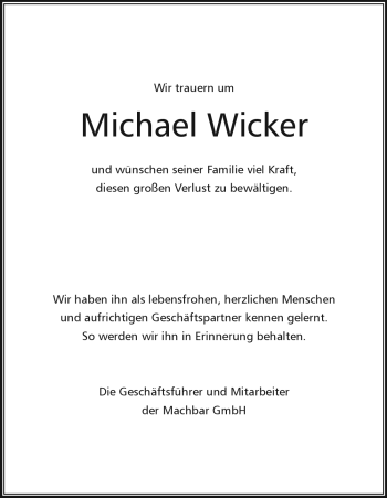 Traueranzeige von Michael Wicker von HNA