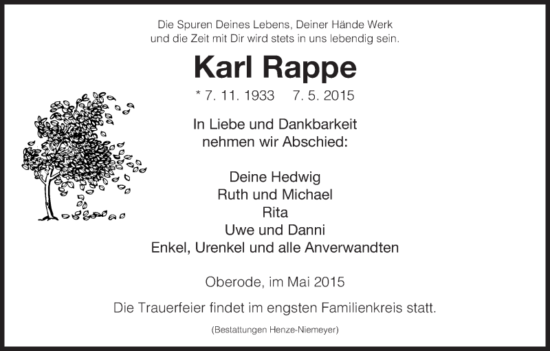 Traueranzeige für Karl Rappe vom 16.05.2015 aus HNA