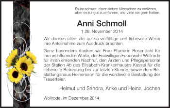 Traueranzeige von Anni Schmoll von HNA