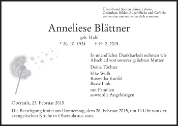 Traueranzeige von Anneliese Blättner von HNA