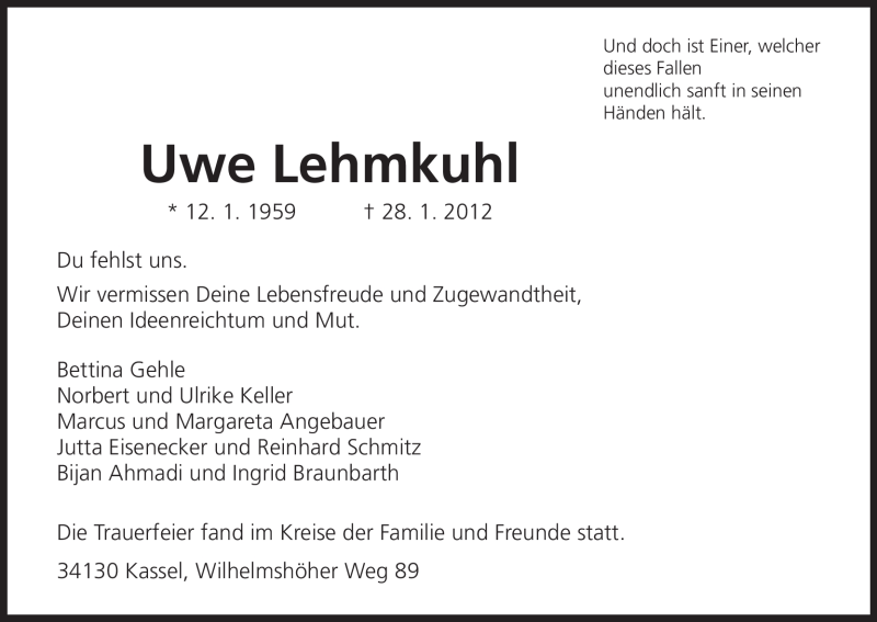  Traueranzeige für Uwe Lehmkuhl vom 18.02.2012 aus HNA