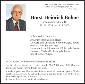 Traueranzeige von Horst-Heinrich Bohne von HNA