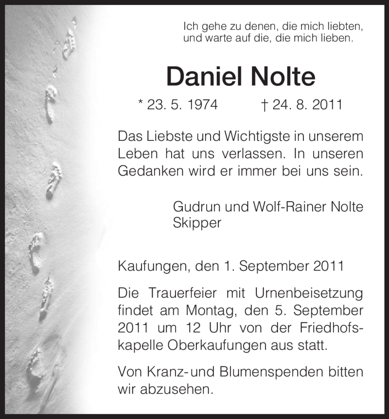  Traueranzeige für Daniel Nolte vom 01.09.2011 aus HNA