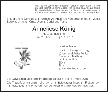 Traueranzeige von Anneliese König von HNA