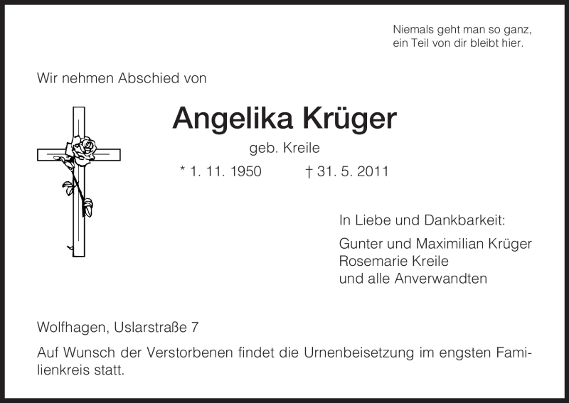  Traueranzeige für Angelika Krüger vom 01.06.2011 aus HNA