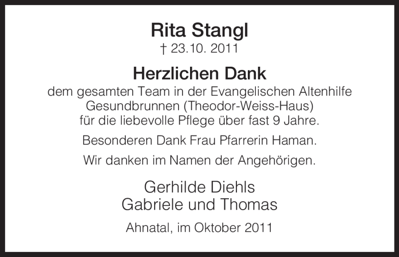 Traueranzeigen Von Rita Stangl | Trauer.HNA.de