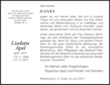 Traueranzeige von Liselotte Apel von HNA