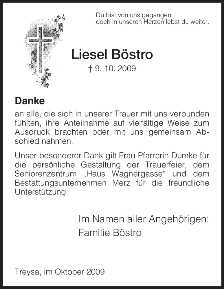  Traueranzeige für Liesel Böstro vom 31.10.2009 aus HNA