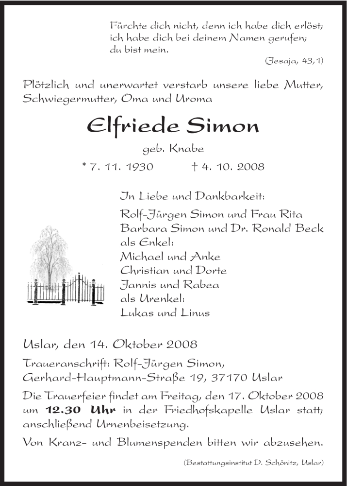  Traueranzeige für Elfriede Simon vom 14.10.2008 aus HNA