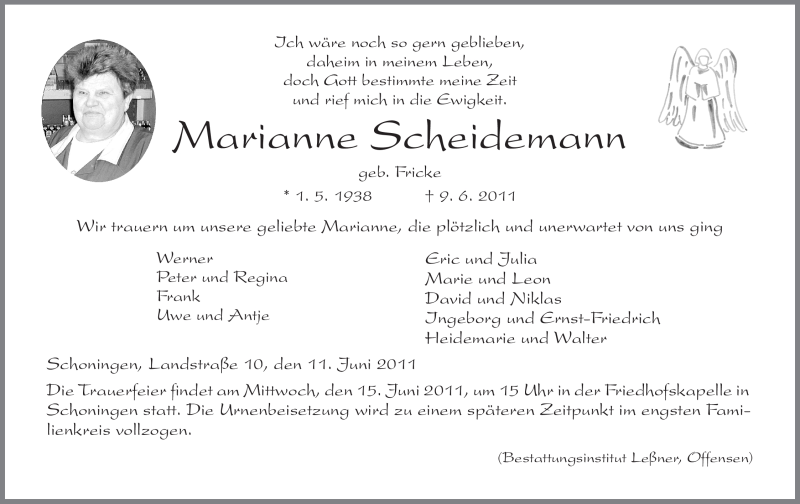  Traueranzeige für Marianne Scheidemann vom 11.06.2011 aus HNA